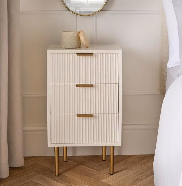 OHS Classic Ribbed Wooden Bedside Table with 3 Drawers, White, Height: 64 cm