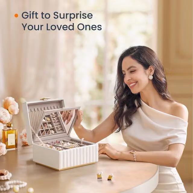 SONGMICS HOME 2-Tier Wood Jewellery Box with Mirror and Removable Tray, White