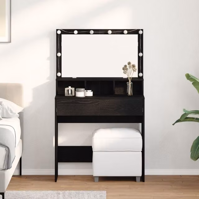 Berkfield Home Modern Black Oak Dressing Table with Hollywood LED Mirror