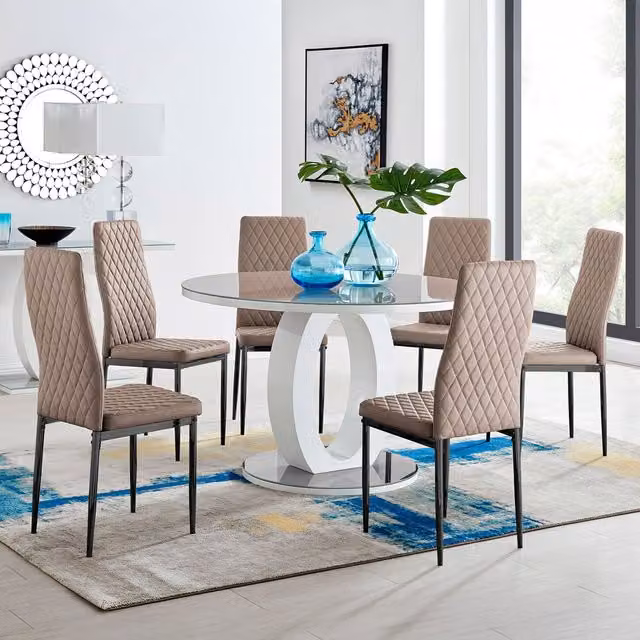 FurnitureboxUK Giovani Round Grey Glass Dining Table with 6 Milan Black Leg Chairs in Cappuccino, Diameter: 120 cm