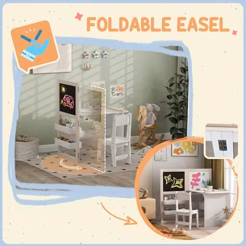 AIYAPLAY Kids Table and Chair Set, 3 in 1 Foldable Art Set, White, W/D/H: 102.4 x 111.5 x 81.5 cm – 3