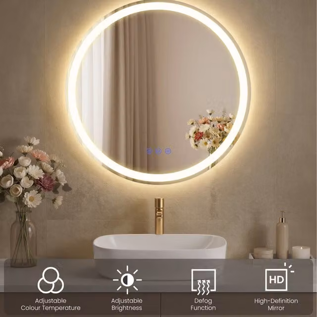 SONGMICS Round Modern Wall Mounted Bathroom Mirror with Dimmable LED Lights and Touch Switch in White