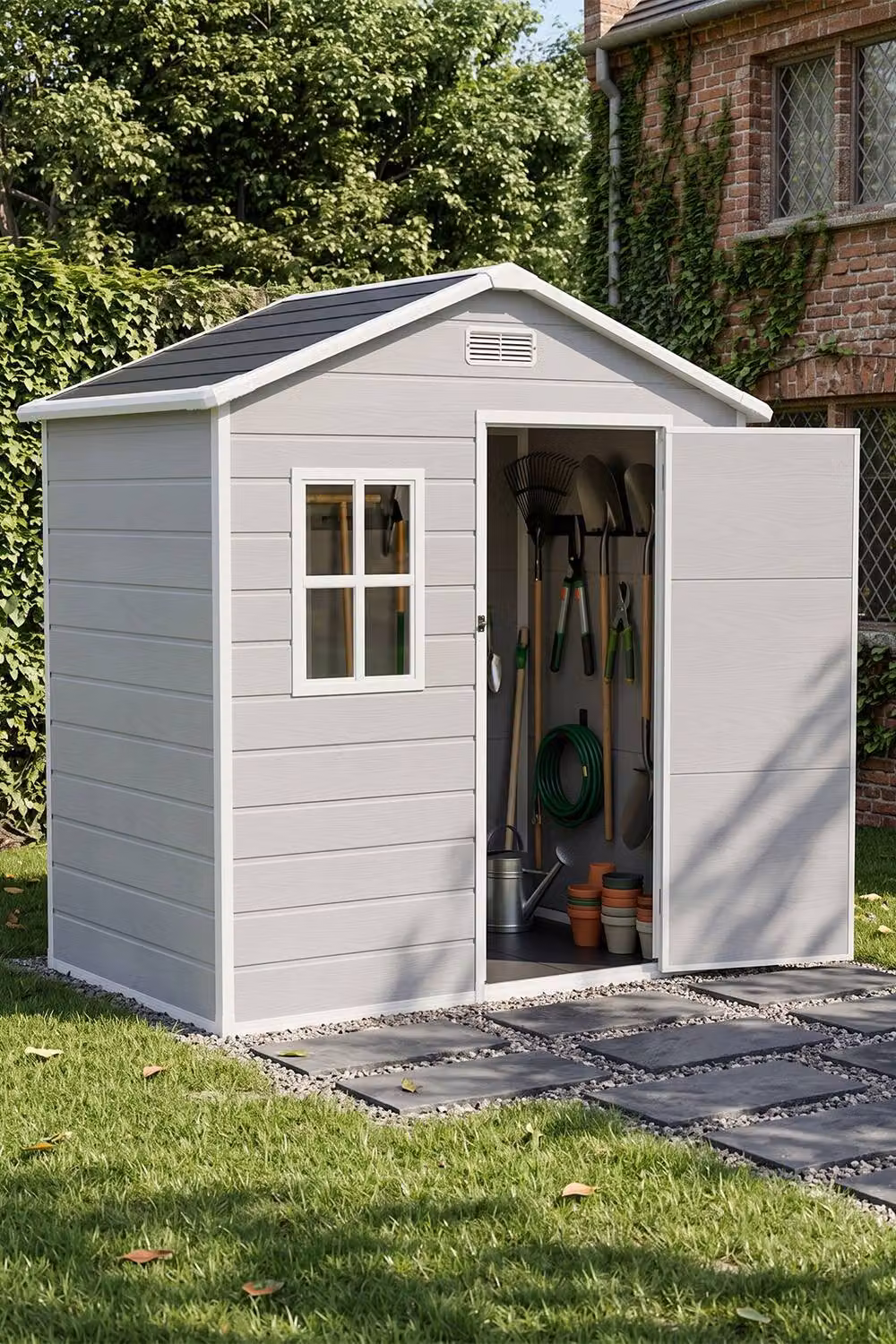 Living and Home Grey Outdoor Aluminium and PP Storage Shed with Double Doors and Gable Roof – 3