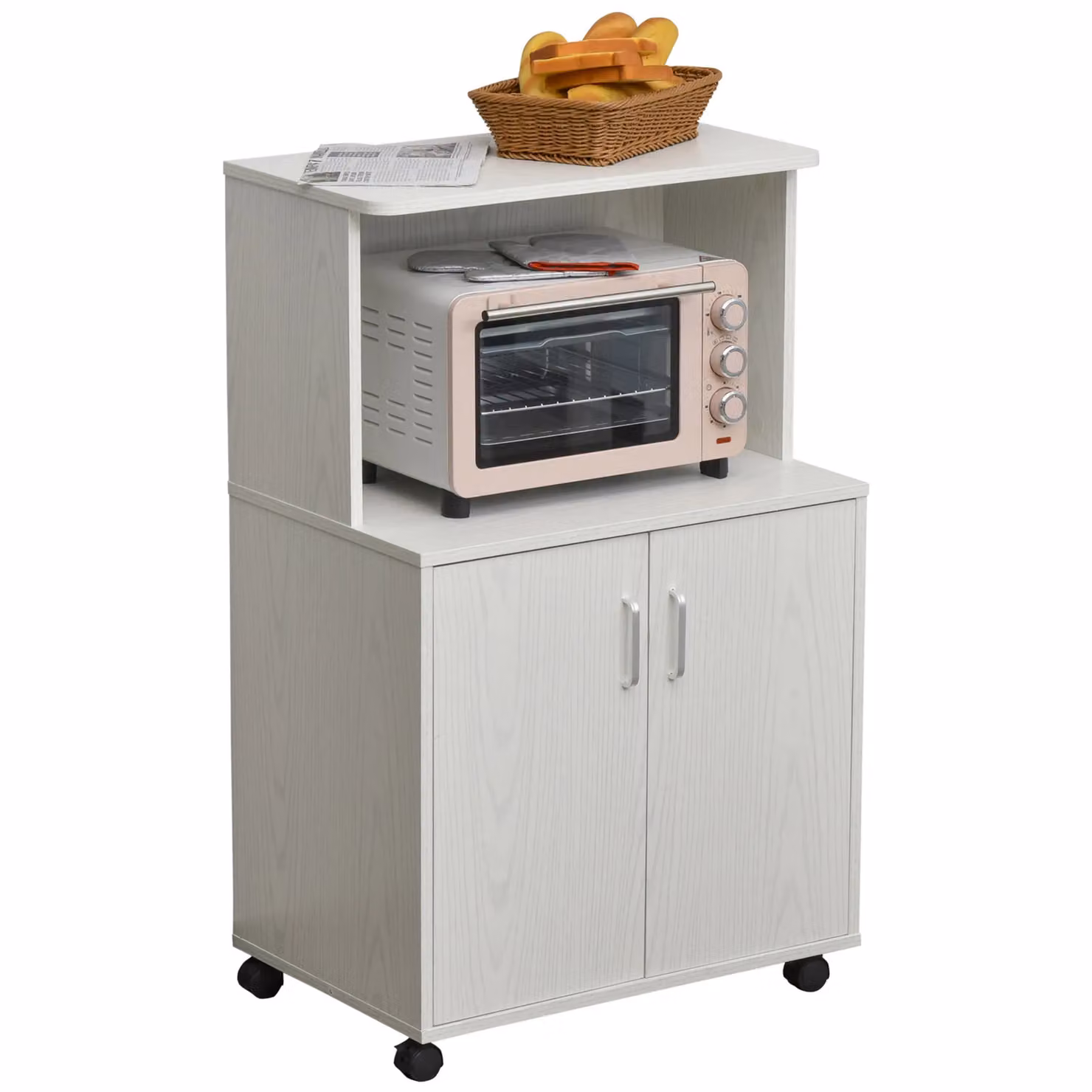 HOMCOM Modern White Microwave Cart on Wheels with 2-Door Cabinet and Storage Shelves – 2