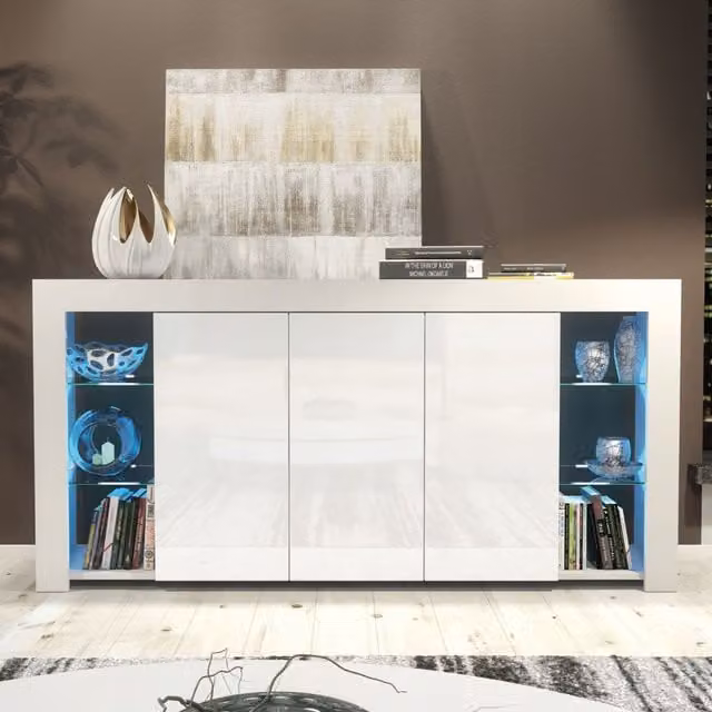 Mex Furniture LTD Modern Gloss White Sideboard with Integrated LED Lighting, W: 164 cm, H: 83 cm, D: 35 cm – 1