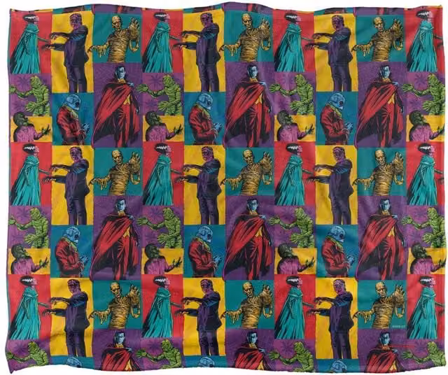 Universal Monsters Collage Silky Touch Blanket in White and Multicolour, W: 152 cm, D: 127 cm – 1