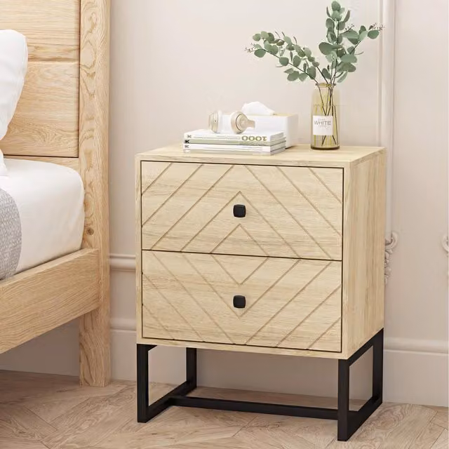 Home Source Aztec 2 Drawer Bedside Table Bedroom Storage Unit in Sonoma Oak Brown