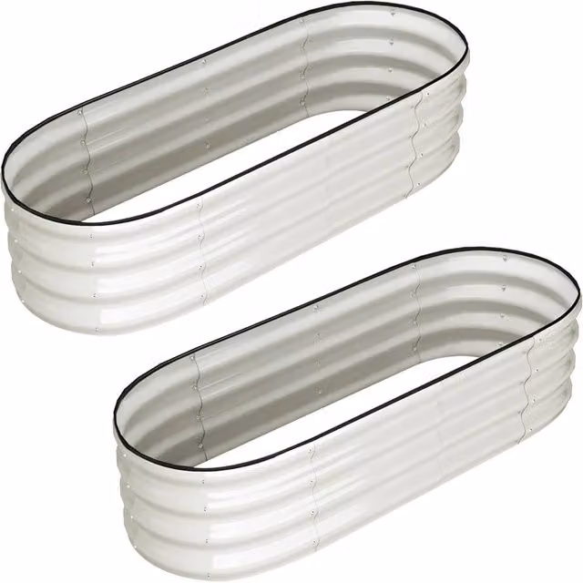 London Boutique 2-Piece Galvanised Metal Oval Raised Garden Bed Planter Boxes, Off-White, W: 137.76 cm, D: 60.96 cm, H: 30.48 cm