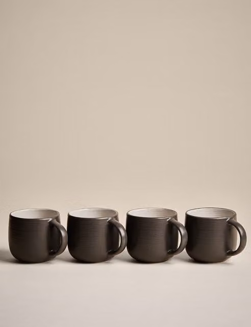 M&S Set of 4 Grey Striped Ceramic and Stoneware Mugs