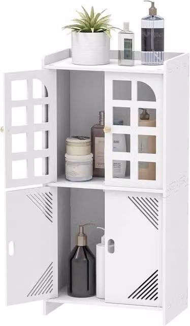 FORGEVIO White Waterproof Freestanding Bathroom Storage Cabinet with Hinged Doors and Internal Shelves
