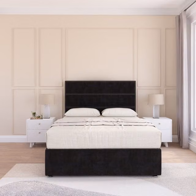 Sloomy Texas King Size Plush Velvet Memory Foam Bed Set with Headboard and Hybrid Mattress in Black, W/D/H: 180 x 200 cm