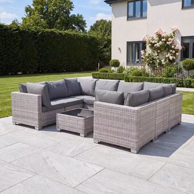 Artemis Home Saviano 8 Seat Modular U-Shaped Rattan Corner Set with Coffee Table and Ottoman in Grey – 1
