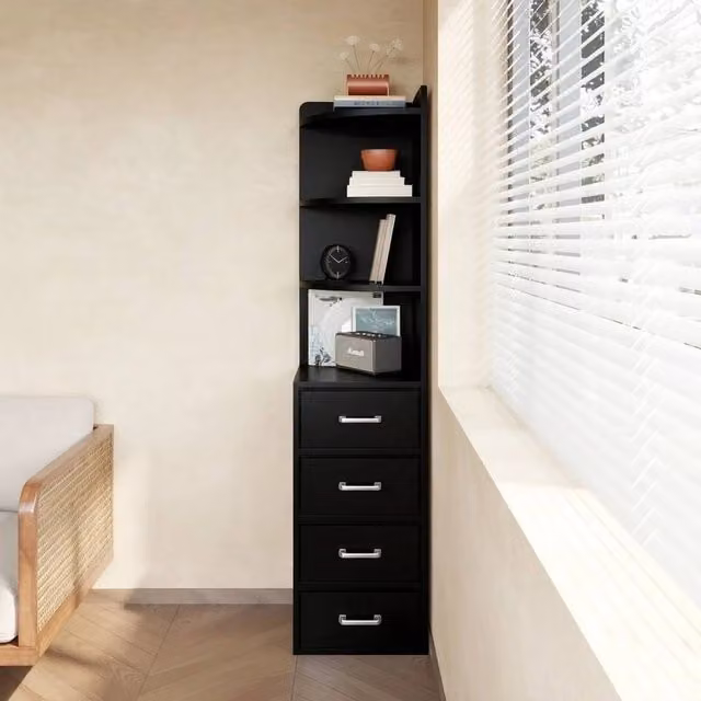 VOGREX Black Tall Corner Cabinet with 4 Shelves, 4 Drawers and Gold Handles