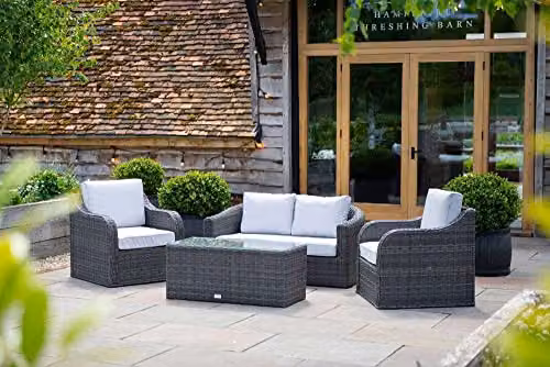 Primrose Living Classic Rattan 4 Seater Garden Furniture Set with 3 Seater Sofa, Lounge Armchair, Coffee Table and Cushions in Grey and Beige – 2