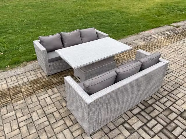 Fimous Rattan Outdoor Garden Furniture Set with Height Adjustable Rising Lifting Table in Light Grey