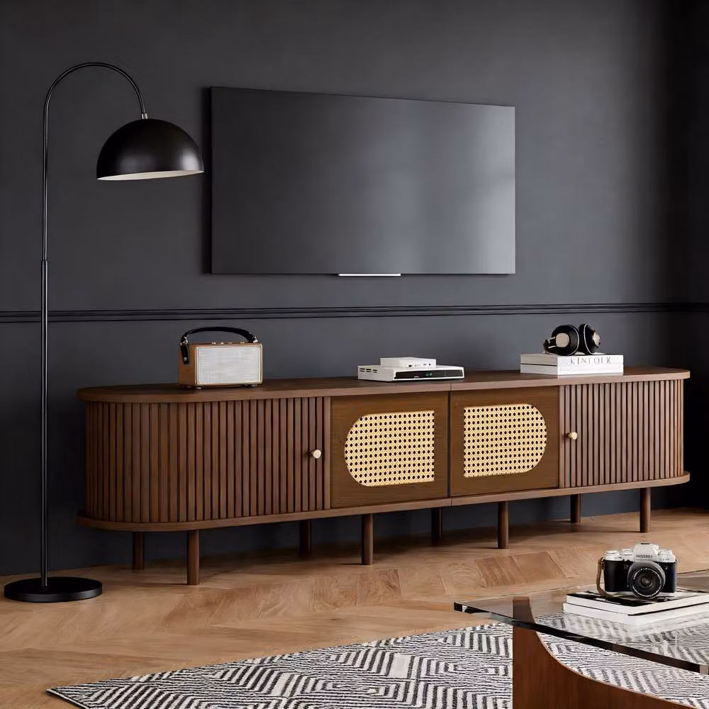 Matteo Dark Walnut Oval TV Stand with Rattan Doors and Brown MDF Media Cabinet – 5
