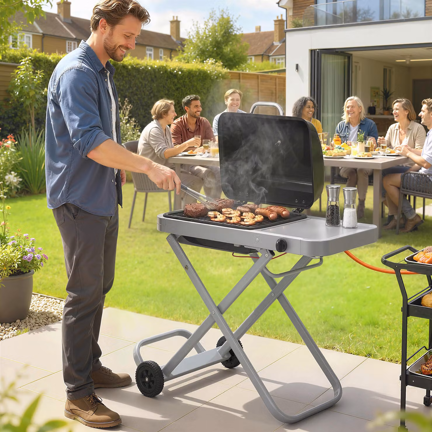 Outsunny Foldable Gas BBQ Grill with Side Table and Thermometer, Black, 2.5 kW – 2