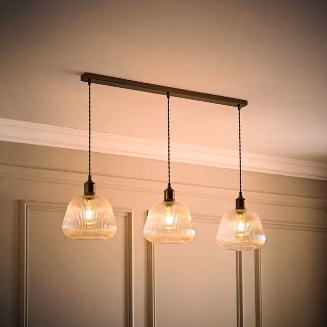 Delora Ribbed Bell Glass 3-Drop Diner Ceiling Pendant Light in Brushed Brass and Transparent Glass