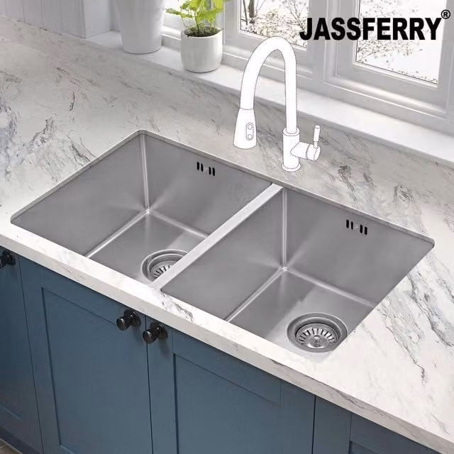 JASSFERRY Stainless Steel Undermount Double Bowl Kitchen Sink in Silver