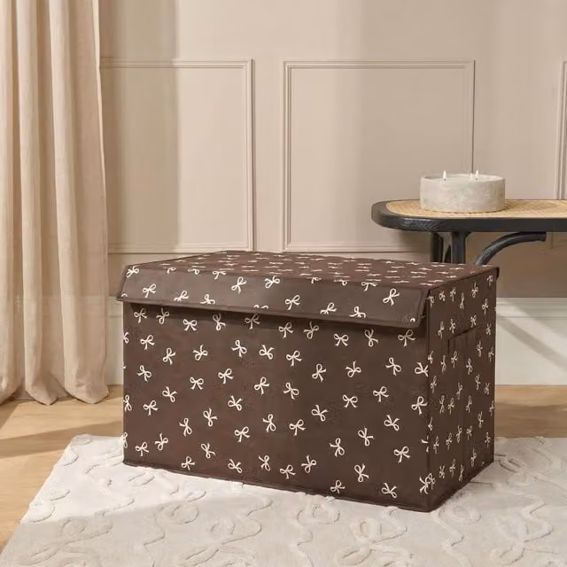 OHS Bows Foldable Fabric Toy Organiser Storage Box with Lid, Brown, Large – 1