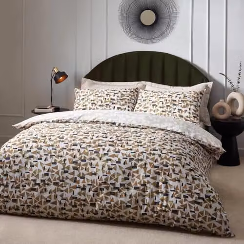 HOEM City Abstract Geometric Reversible Cotton Rich Duvet Cover Set in Beige and Brown, W/D/H: 200 x 220 cm
