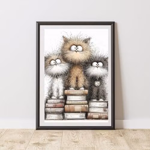 60 SECOND MAKEOVER Cat On Books Paper Poster Wall Art, Black and Multicolour, A3