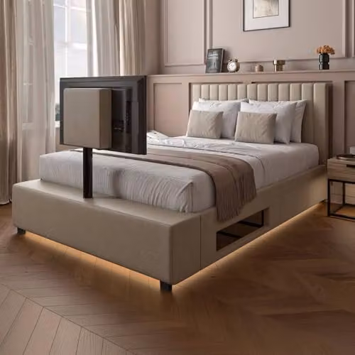 X-Rocker Maisie Velvet King Ottoman TV Bed Frame with Rotating TV Mount, Underbed Storage and RGB LED Lighting, Natural Stone Beige, W/D/H: 180 x 200 cm