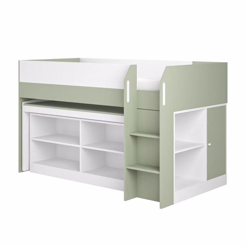 Flair Furnishings Kids Mid Sleeper Cabin Bed with Stairs and Storage in White and Green – 2