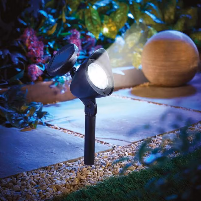 mysmartbuy Pack of 4 Black Solar LED Directional Spotlights with Adjustable Ground Spikes and Dusk Sensor – 1