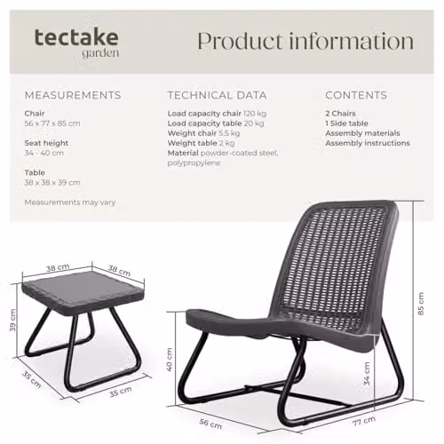 tectake Grey Rattan Garden Furniture Set with 2 Upholstered Lounge Armchairs and 1 Outdoor Coffee Table featuring a Powder Coated Steel Frame – 6