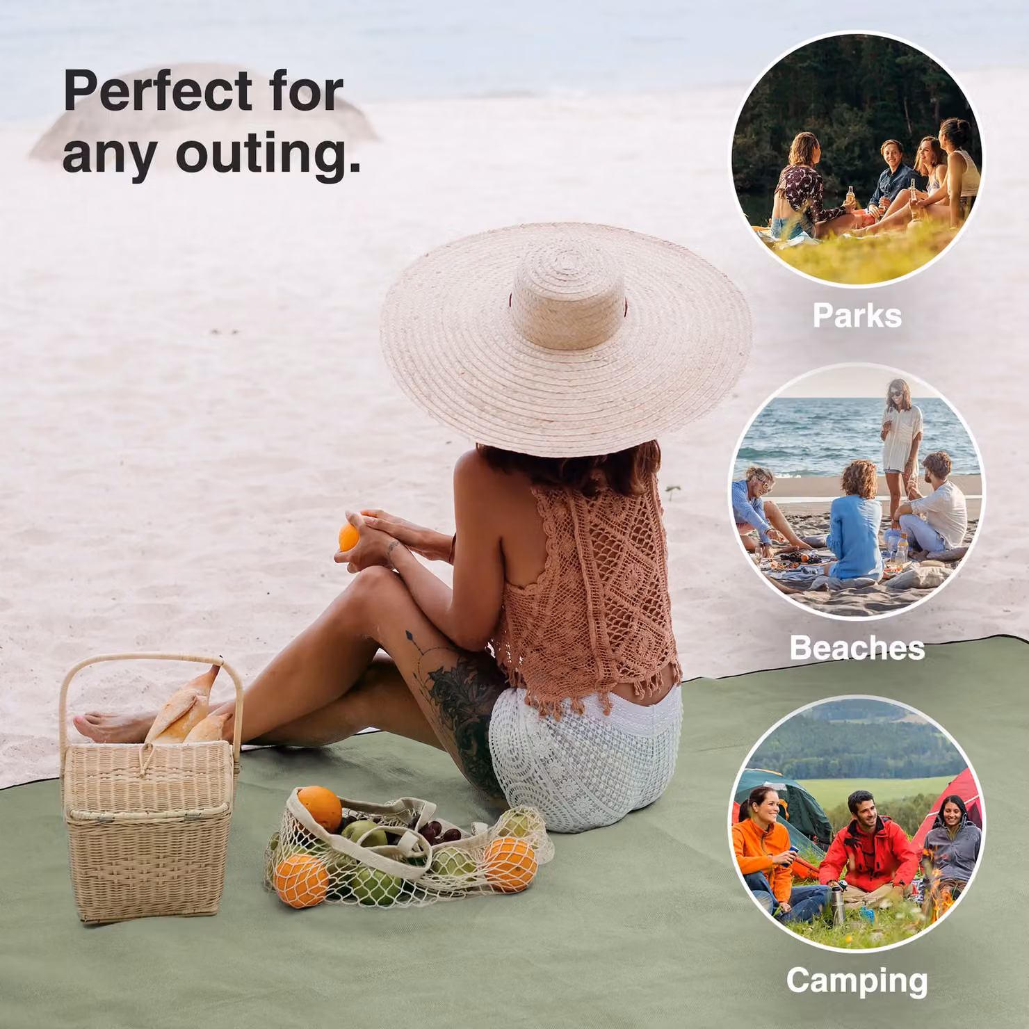 VonShef Green Herringbone Picnic Blanket with Waterproof Underside, W: 147 cm, D: 180 cm – 3