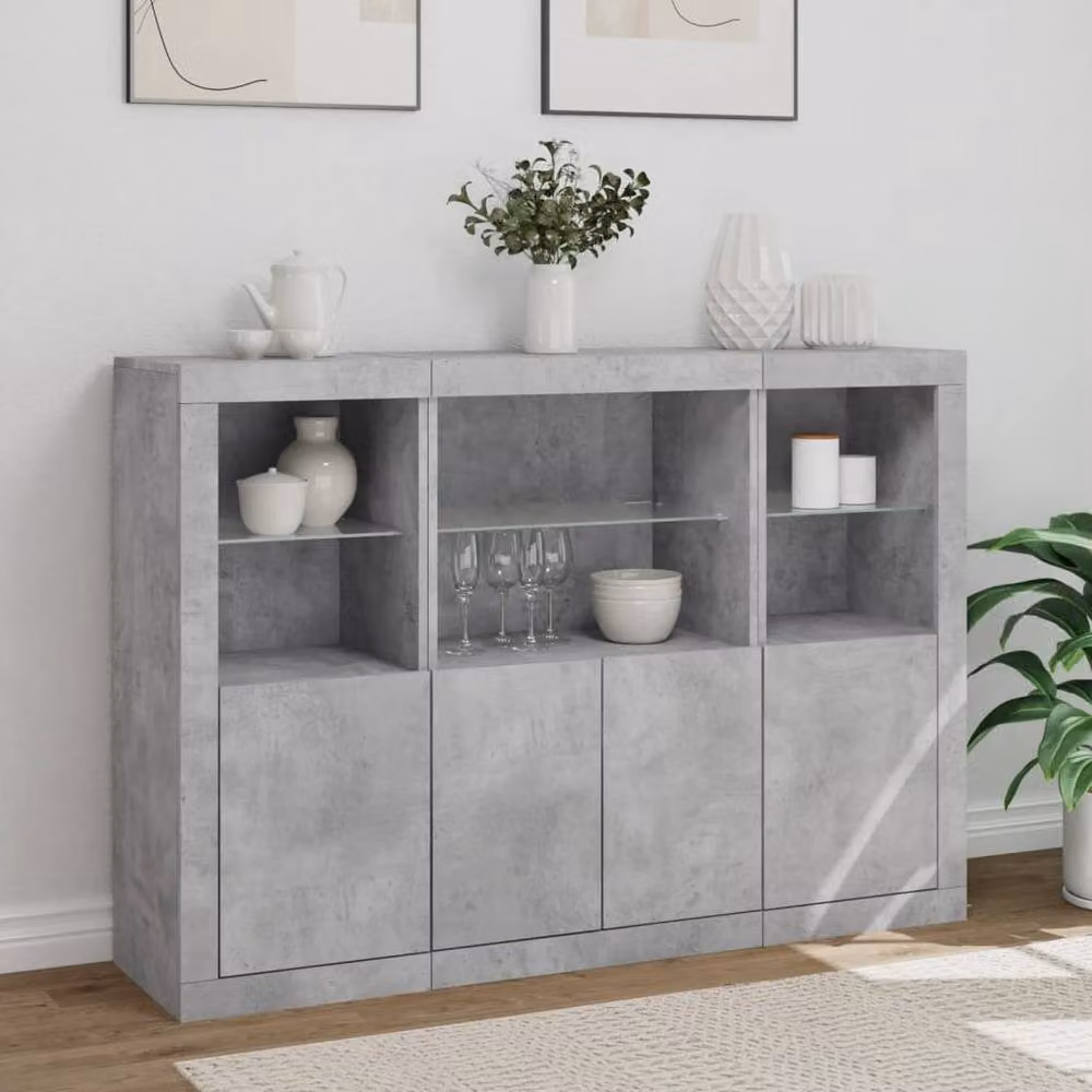 Berkfield Home 3-Piece Sideboard Set with Integrated LED Lighting in Concrete Grey Matt Engineered Wood and Glass – 3