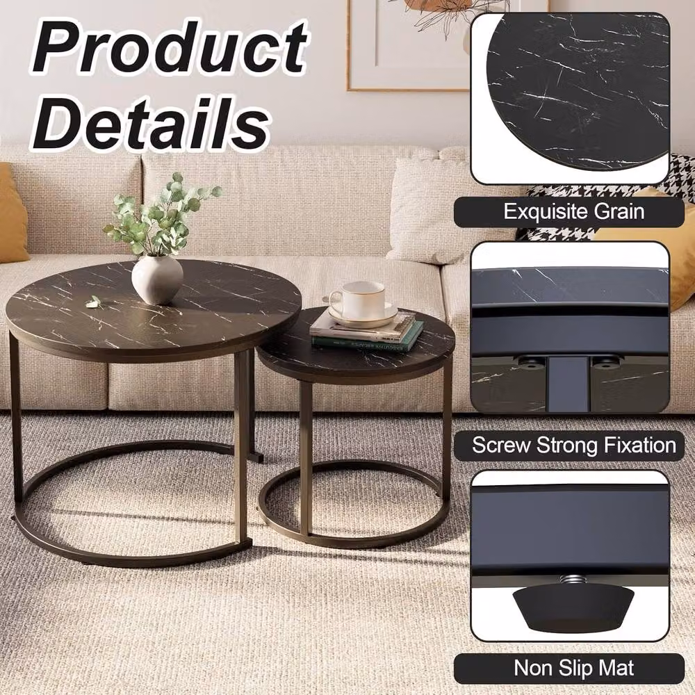 Huhote Set of 2 Round Nesting Coffee and Side Tables with Black Wood and Marble Finish – 4