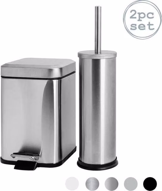 Harbour Housewares Stainless Steel Pedal Bin and Toilet Brush Set in Silver and Grey