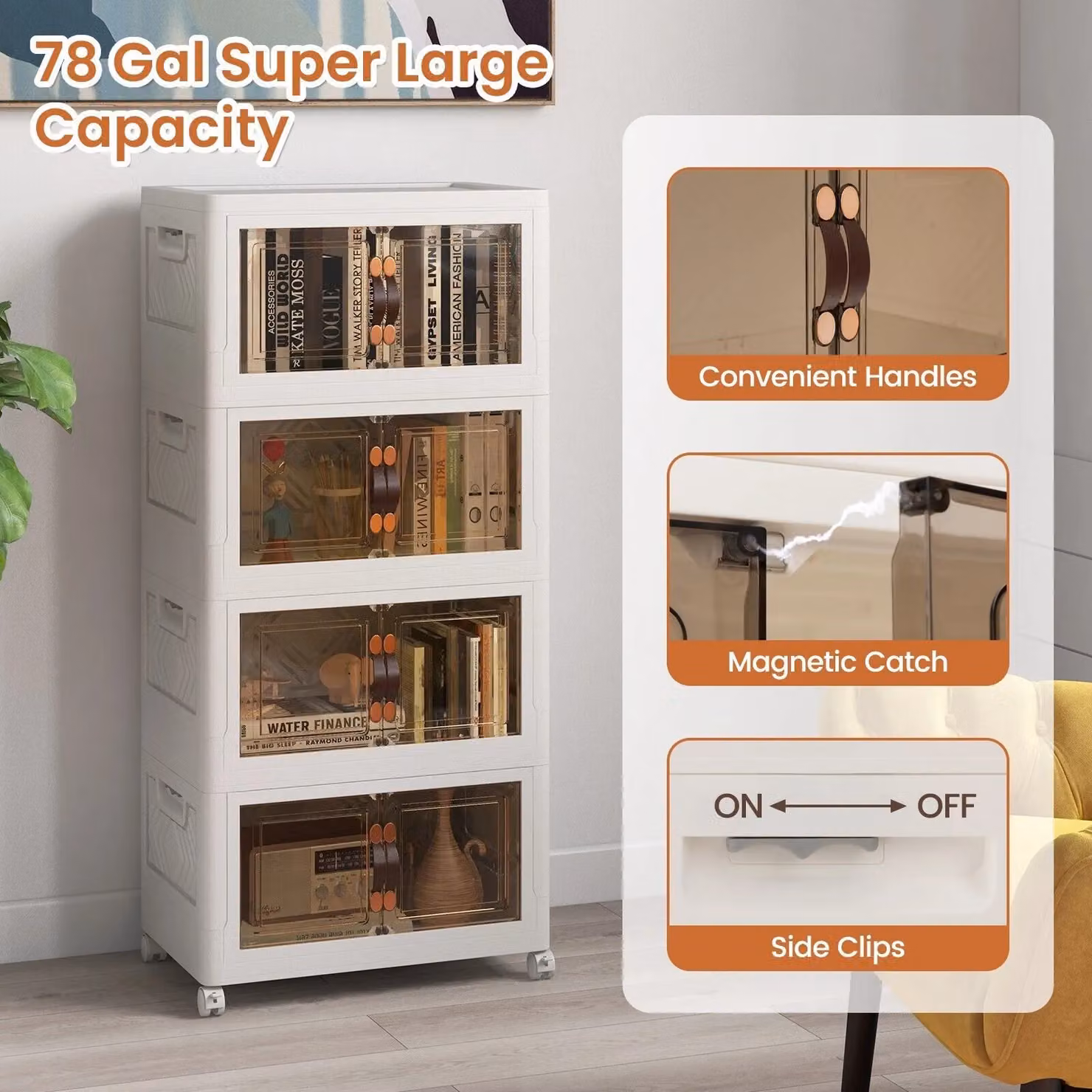 Costway 4 Pack Stackable Folding Storage Cabinets with Lockable Wheels and Glass Doors, White – 4