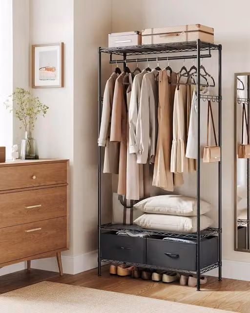 SONGMICS Heavy Duty Metal Garment Rack with Mesh Shelf and 2 Fabric Drawers in Matt Black
