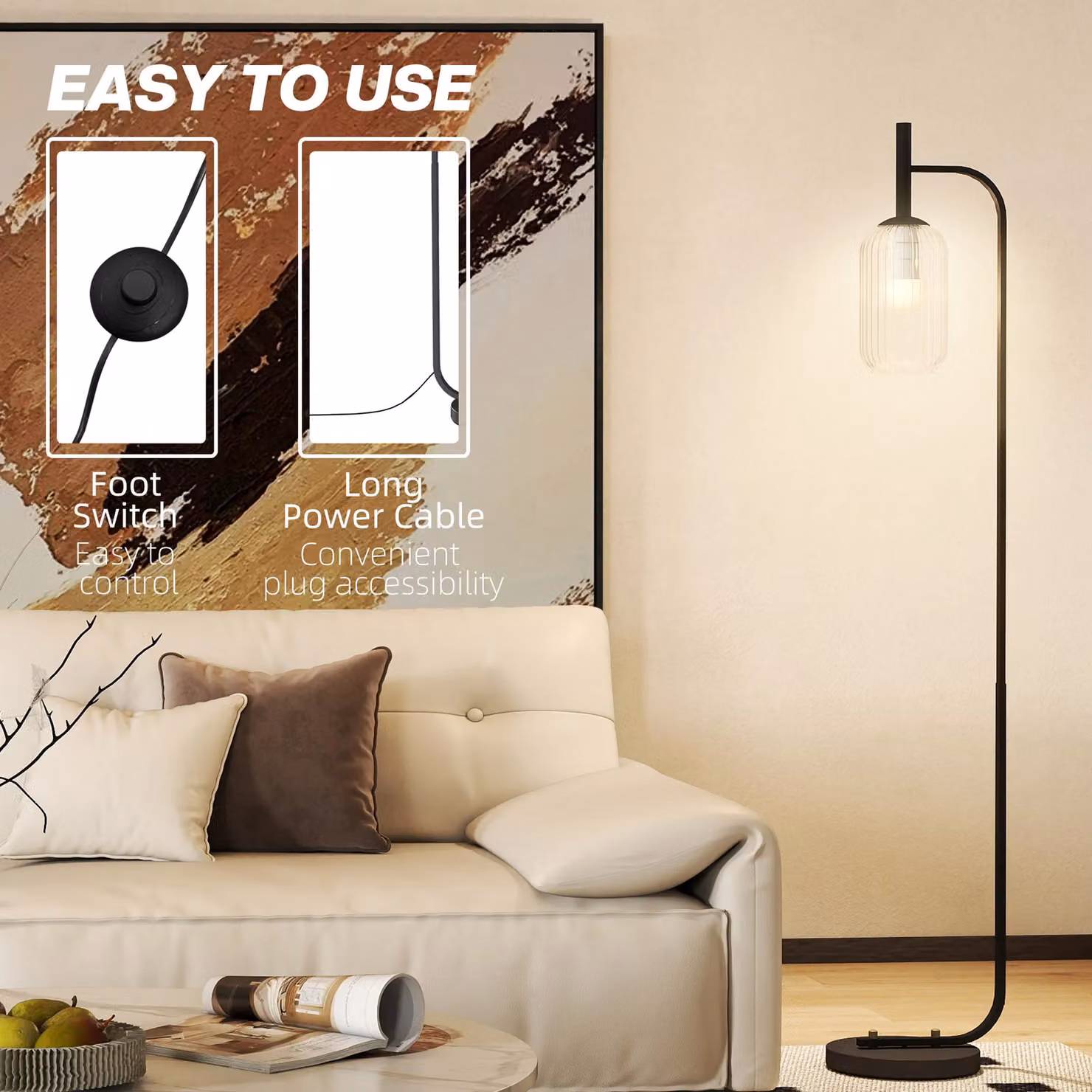 HOMCOM Modern Floor Lamp with Transparent Glass Lampshade and Foot Switch in Gold or Black – 3