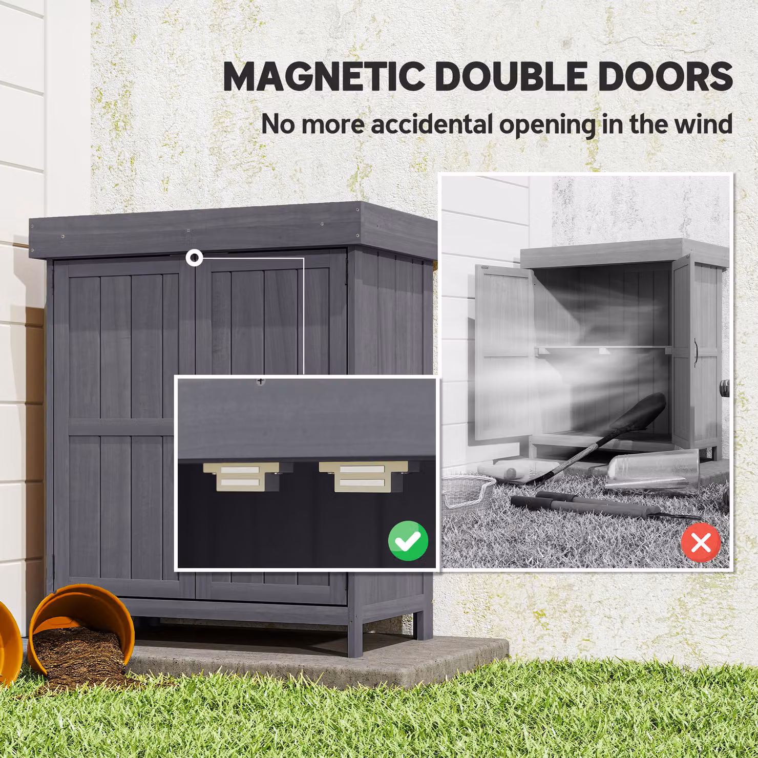 Outsunny Grey Wooden Garden Storage Shed and Tool Cabinet Organiser with Shelves and Two Hinged Doors, W: 74 cm, D: 43 cm, H: 88 cm – 7