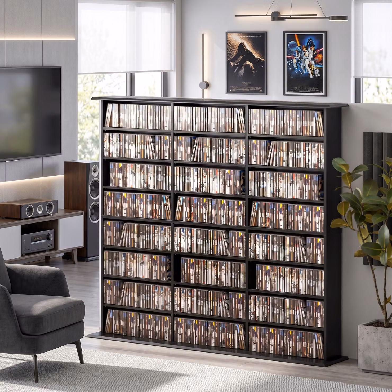 HOMCOM Black Media Storage Unit with 24 Compartments and 18 Adjustable Shelves for CD, DVD and Blu-ray Storage, H 145.0 cm x W 126.3 cm – 2