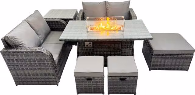 Fimous 7-Seater Rattan Garden Furniture Dining Set with 3 Stools and Side Table in Dark Grey