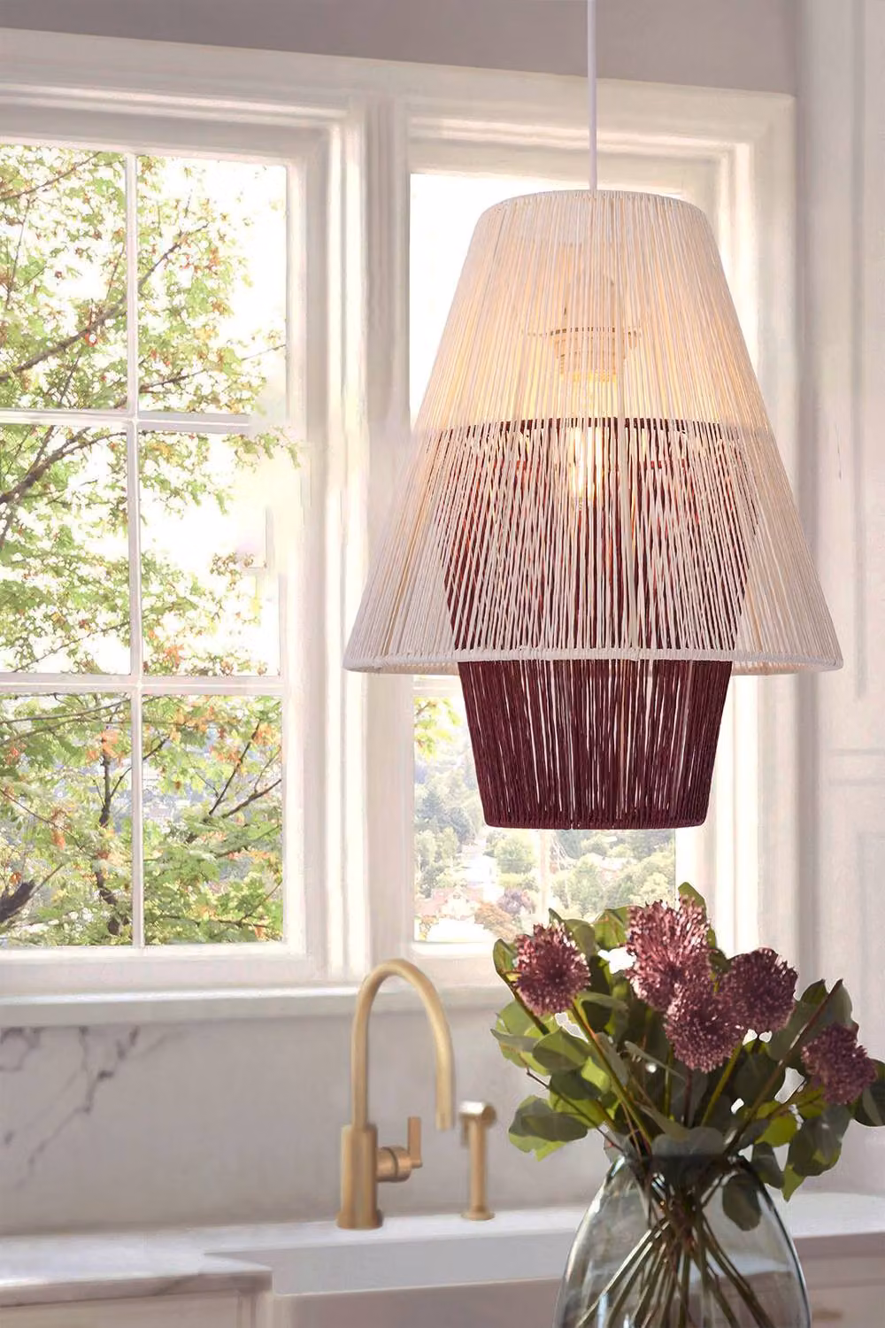 Living and Home Modern White and Purple Suspended Pendant Light with Paper Rope Design – 2