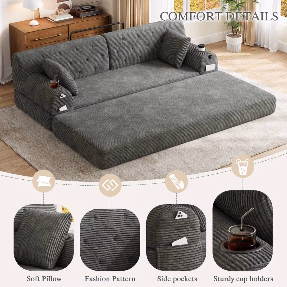 Matteo 3-Seater Corduroy High Back Sleeper Sofa with Storage in Dark Grey – 5