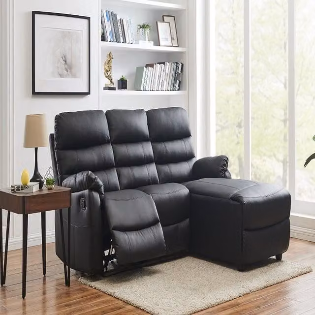 Home Detail Carter 3 Seater L-Shape Sofa in Black Faux Leather with Right-Hand Chaise and Left-Hand Manual Recliner – 1