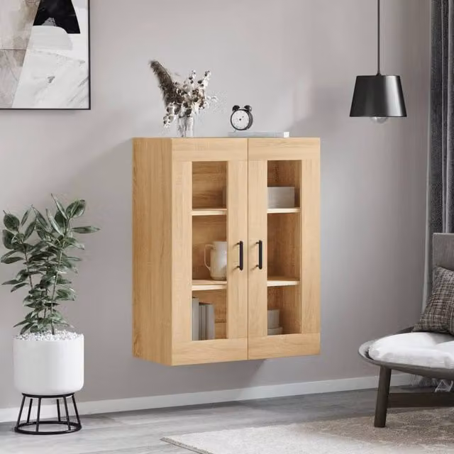 Berkfield Home Sonoma Oak Wall Mounted Cabinet with Glass Doors in Brown, W/D/H: 69.5 x 34 x 90 cm – 1