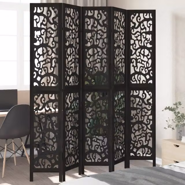 Berkfield Home 5-Panel Black Solid Paulownia Wood Room Divider – 1