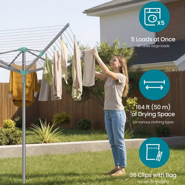 SONGMICS Rotary Washing Line in Silver with Cover