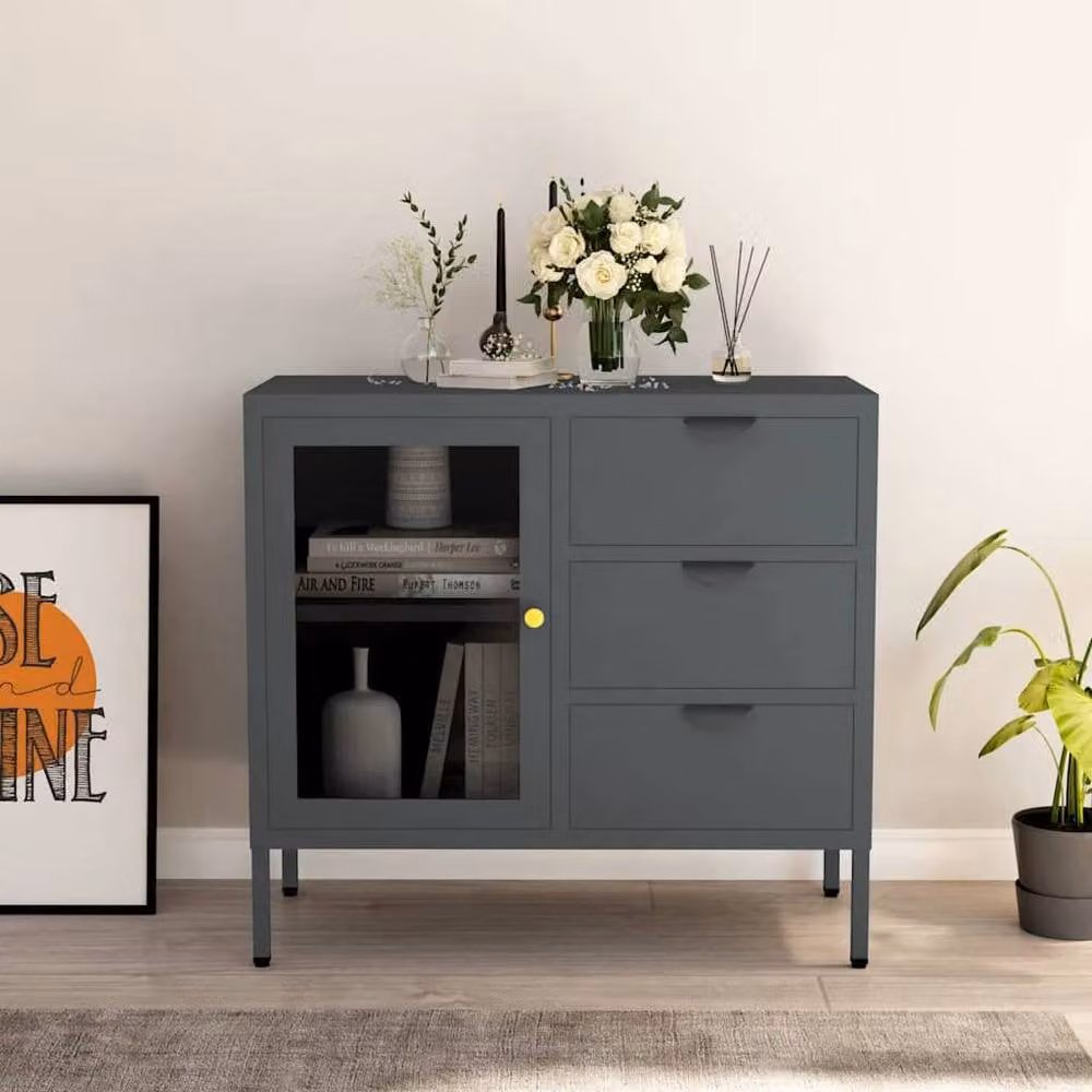 Berkfield Home Anthracite Sideboard in Dark Grey with Steel and Tempered Glass, W/D/H: 75 x 35 x 70 cm – 2