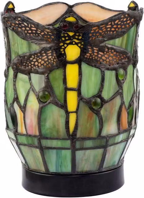 Happy Homewares Classic Dragonfly Tiffany Uplighter Tabletop Lamp in Green Stained Glass and Black Metal, H 40 cm x W 18 cm x D 18 cm – 1