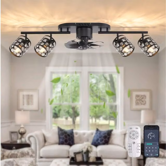 The Bath Plus TB+ Modern Black Metal Fandelier Ceiling Light with Remote Control and Timer