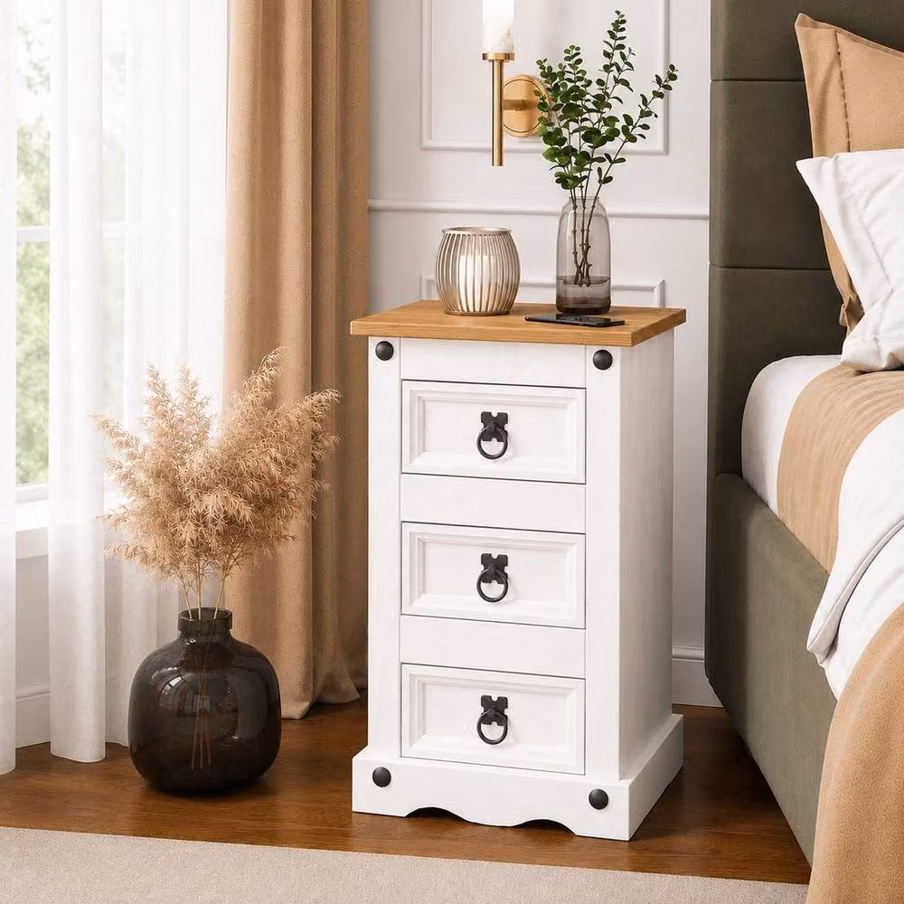 Hinsinc White 3 Drawer Mexican Pine Bedside Cabinet – 3